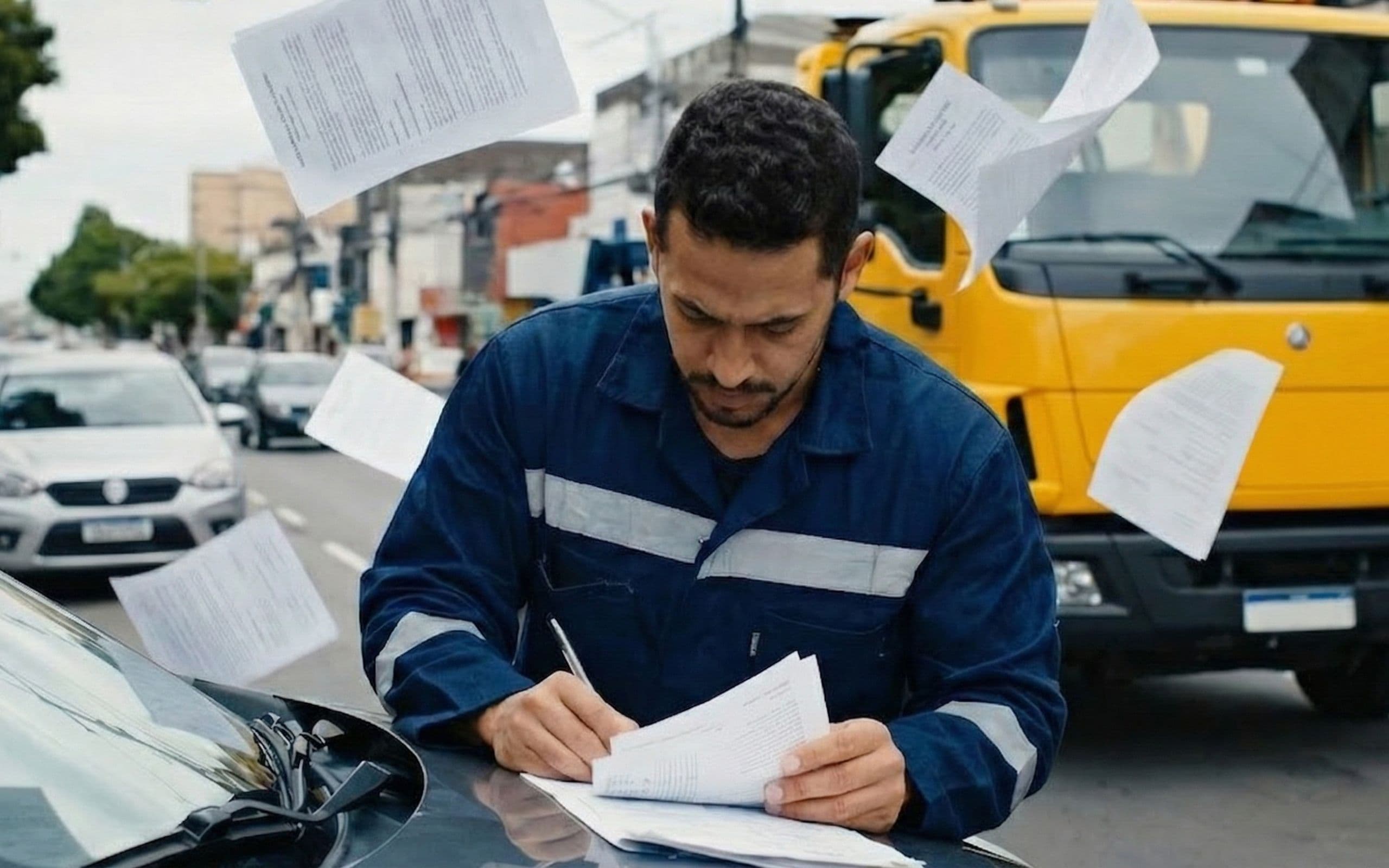 Profissional de guincho preenchendo documentos na rua